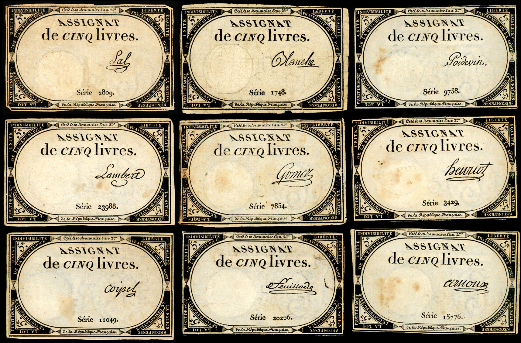 Referenz: 9-assignats-avec-9-signatures-differentes-emis-le-31-octobre-1793