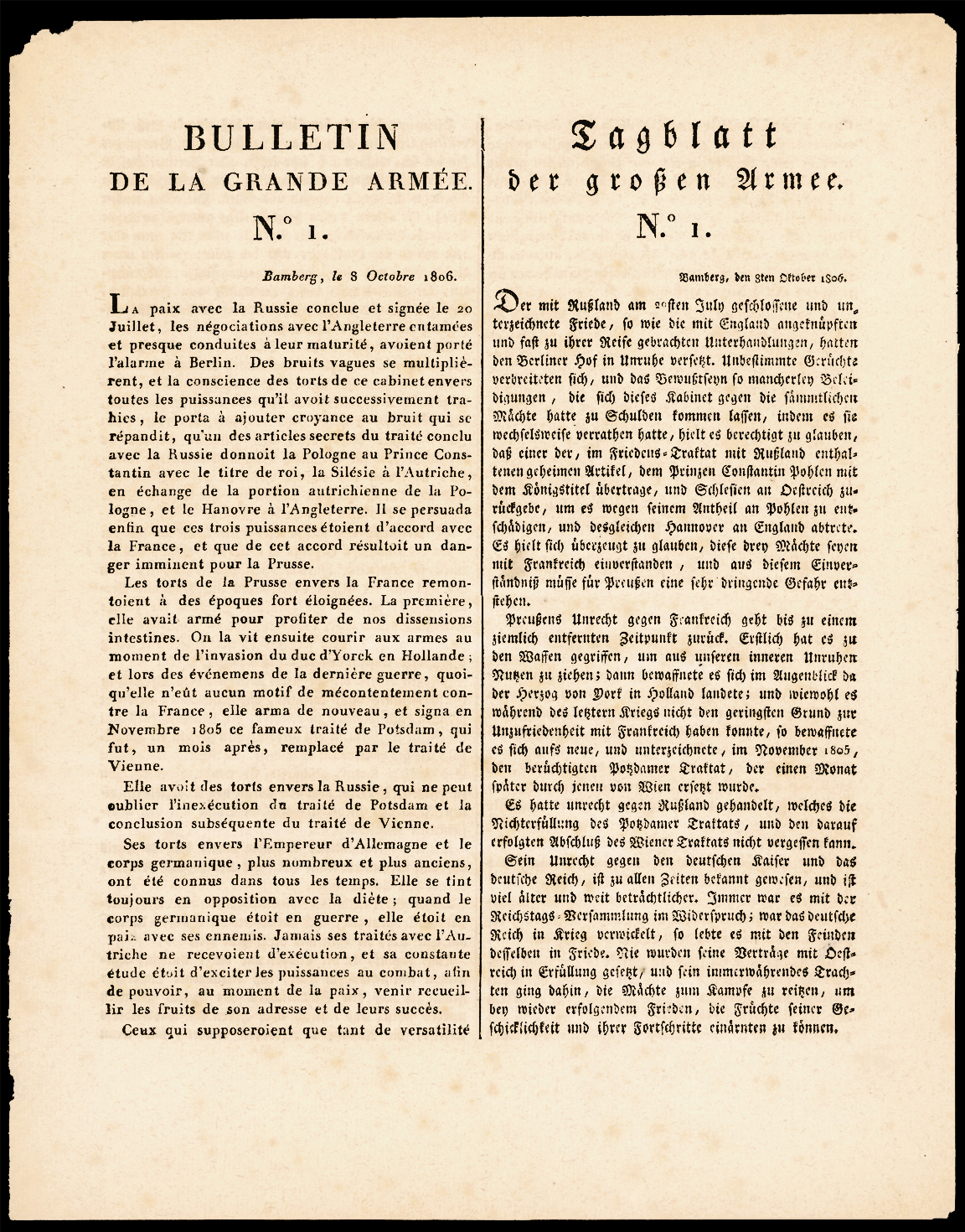 Referenz: bulletin-no-1-de-la-grande-armee-en-francais-et-en-allemand-bamberg-le-8-octobre-1806