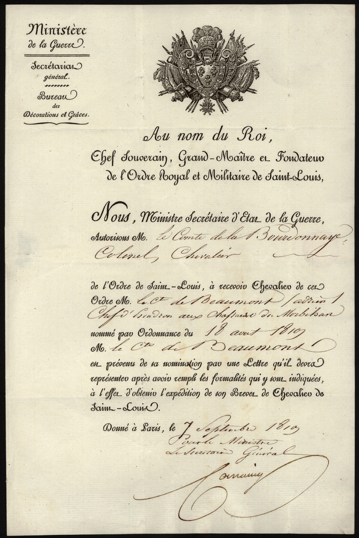 Referenz: lettre-du-ministere-de-la-guerre-au-comte-arthur-de-la-bourdonnaye-colonel-des-chasseurs