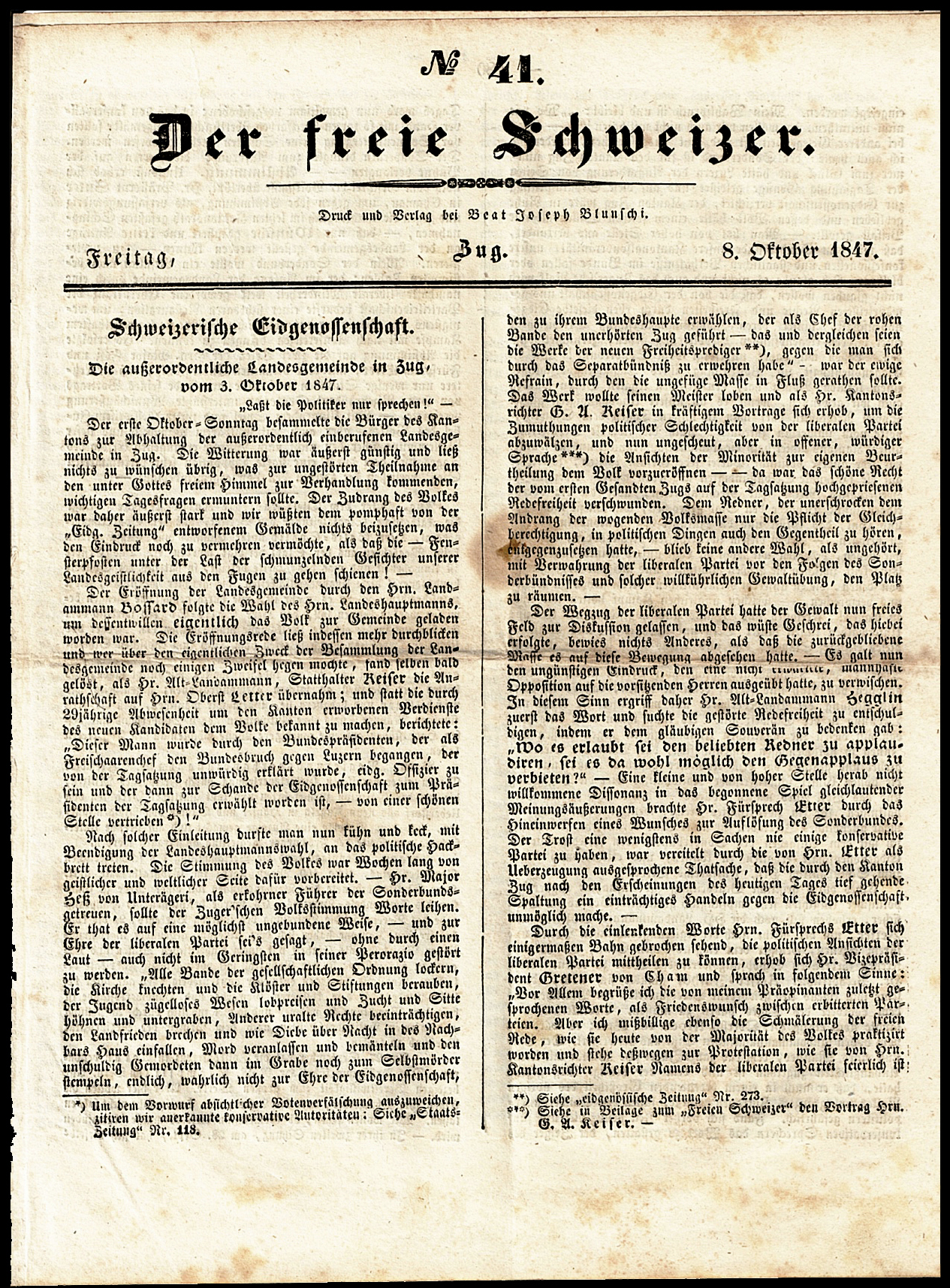 Referenz: der-freie-schweizer-freisinnig-orientiertes-wochenblatt-berichtet-uber-zug-und-kantone